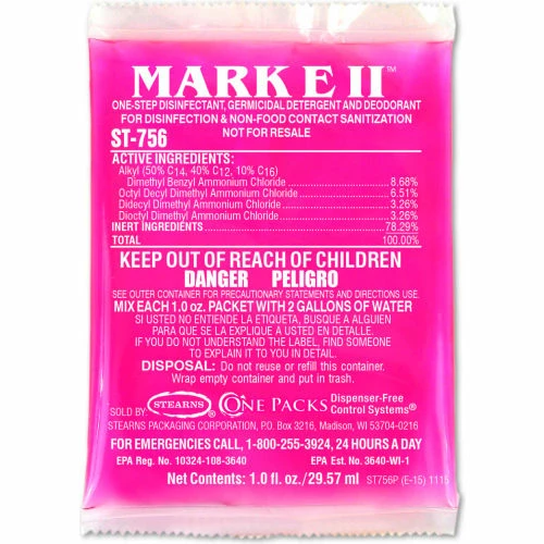 Stearns Packaging Corporation Stearns Mark E II One-Step Disinfectant,Germicidal Detergent/Deodorant- 1 oz. Pks, 144/Case-2309012 3 Stearns Packaging Corporation Stearns Mark E II One-Step Disinfectant,Germicidal Detergent/Deodorant- 1 oz. Pks, 144/Case-2309012