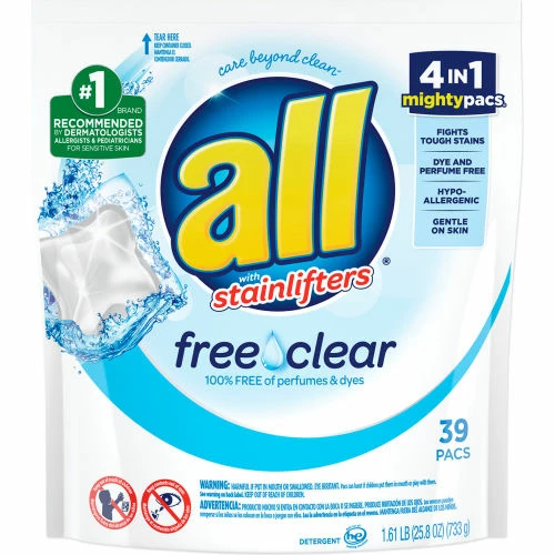 All Mighty Pacs Free and Clear Super Concentrated Laundry Detergent, 39 Pacs/Pack, 6 Packs/Case 4 All Mighty Pacs Free and Clear Super Concentrated Laundry Detergent, 39 Pacs/Pack, 6 Packs/Case - Image 2