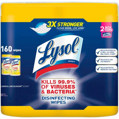 LYSOL® Disinfecting Wipes, 7X7-1/4, Lemon And Lime Blossom, 80 Wipes/Canister, 2 Canisters/Pack 3 LYSOL® Disinfecting Wipes, 7X7-1/4, Lemon And Lime Blossom, 80 Wipes/Canister, 2 Canisters/Pack