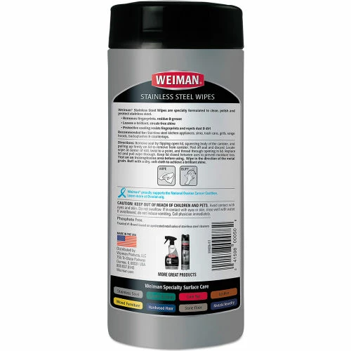 Weinman® Stainless Steel Wipes, 7" x 8", 30 Wipes/Canister, 4 Canisters/Case 4 Weinman® Stainless Steel Wipes, 7" x 8", 30 Wipes/Canister, 4 Canisters/Case - Image 2